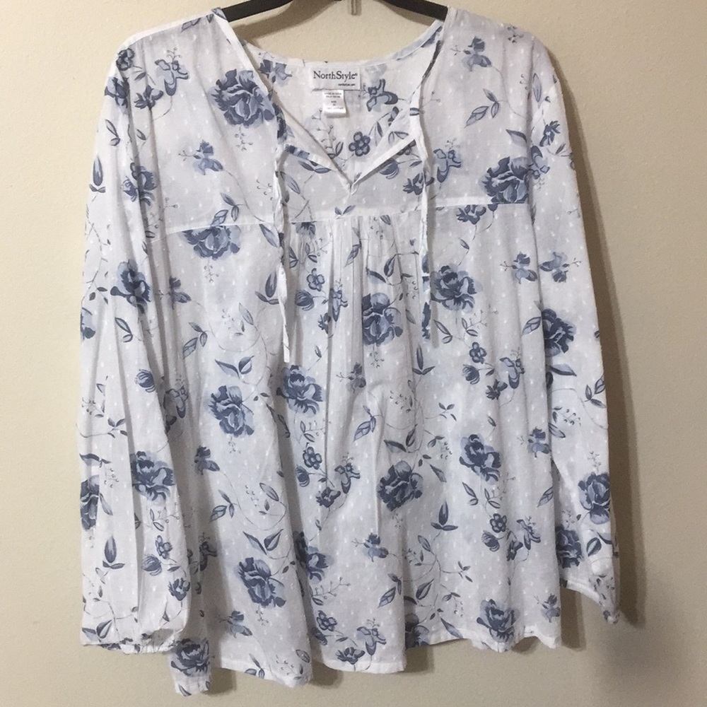 White Dotted Swiss Blouse With Blue Floral Print